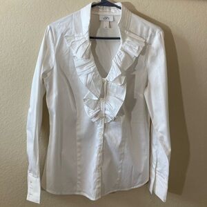 LOFT Woman White Ruffled Bib Collar Blouse